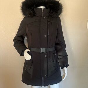 Michael Kors Puffer Belted Coat with Faux Fur Trim Hood Size XL